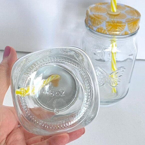 Lemonade Glasses Set Of 2 With Yellow Floral Screw-On Lids Reusable Straws 16 Oz - Picture 5 of 7
